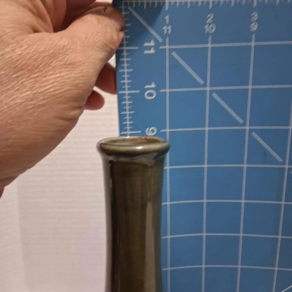 Pier 1 Imports Japanese Ceramic Bud Vase Green Calligraphy Long Neck 8.75in
